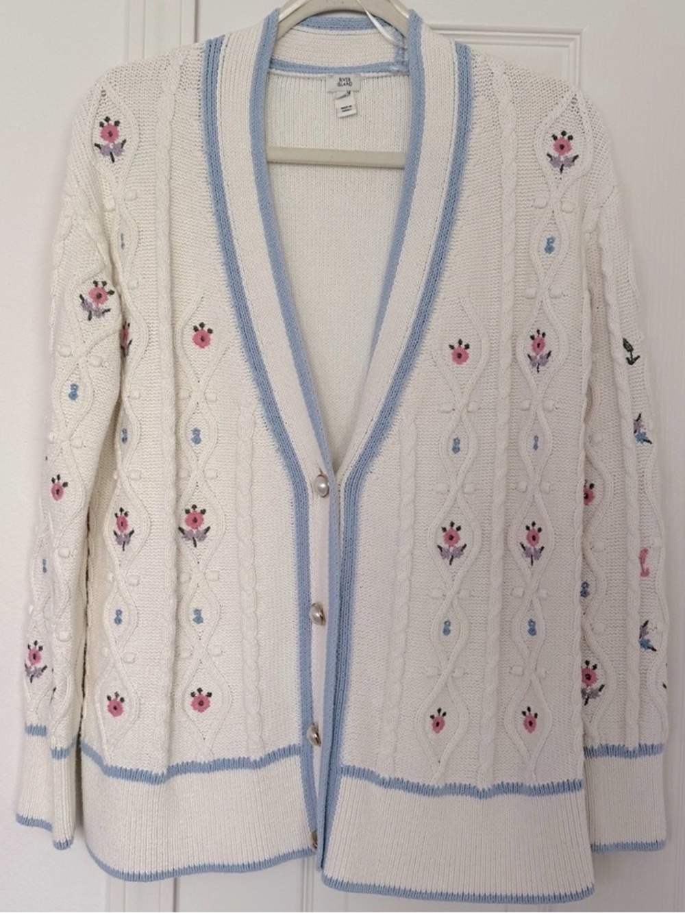 River Island embroidered cable knit cardigan with pearl buttons